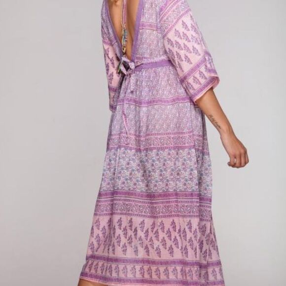 Geraldine Blue Midi Dress 100% Cotton Flutter Bell Sleeve Handmade Gypsy Dress M - Picture 7 of 9